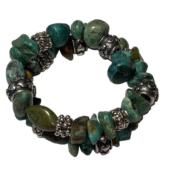 Simulated Turquoise & Silver Tone Stone Coil Flex Bracelet Variscite - Picture 3 of 4